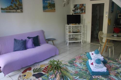 拉特里尼泰Le Colibri et le Frangipanier的客厅配有紫色沙发和桌子