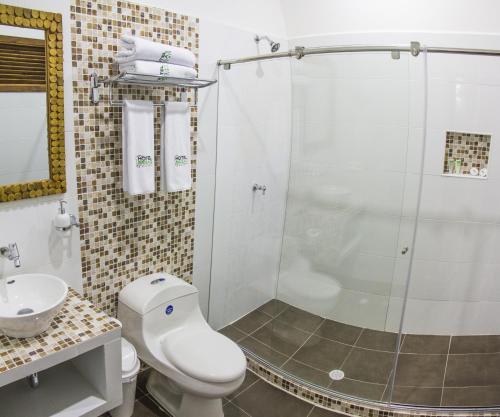 马里基塔Hotel Brisas La Gaviota的带淋浴、卫生间和盥洗盆的浴室