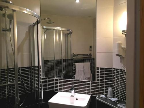 鲁瓦昂地区蓬水音乐酒店的一间带水槽、淋浴和镜子的浴室