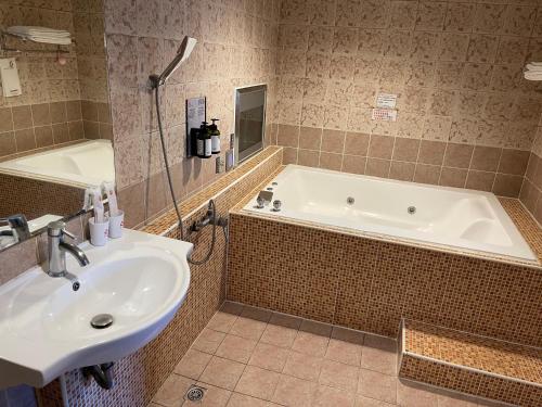 高雄金银岛汽车旅馆-仁武店的浴室配有盥洗盆和浴缸。