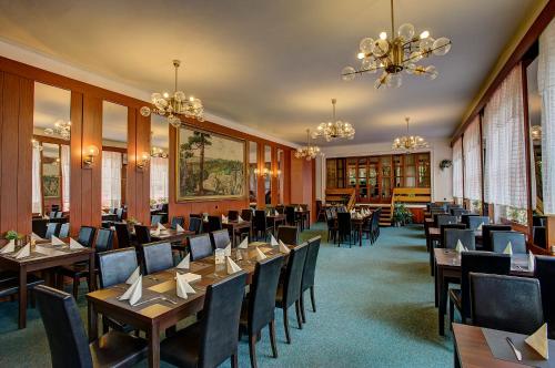 伊钦斯卡尼梅斯托公园酒店的一间带桌椅和吊灯的用餐室