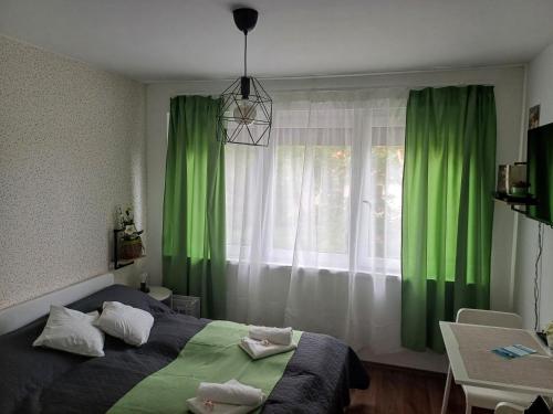 巴拉顿城堡Harmónia Apartman Balatonföldvár的一间卧室设有绿色窗帘和大窗户