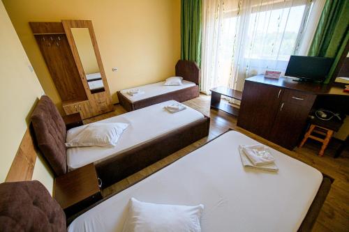 皮特什蒂Pensiunea Domneasca的酒店客房,设有两张床和镜子