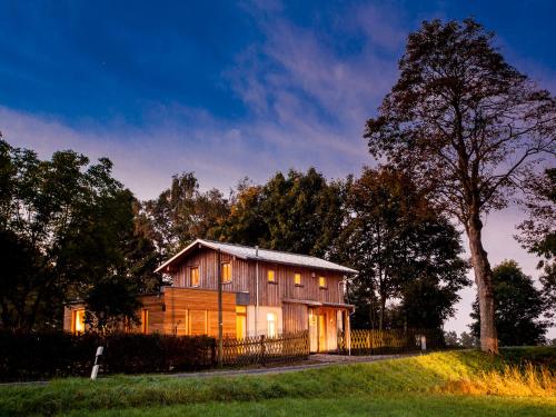 Droßdorf旗手之家酒店的坐落在郁郁葱葱的绿色田野顶部的木屋
