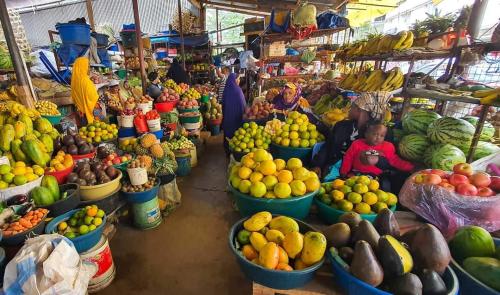 育空河Shamba Hostel的市场上有很多水果和蔬菜