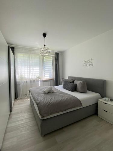 不来梅港Seli Apartment的一间卧室配有一张大床和一个吊灯。