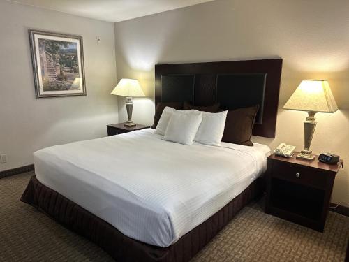 波特兰Sojourn Suites Portland Airport的酒店客房设有一张大床和两盏灯。