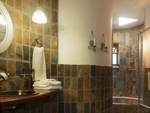 HlazakaziIsandlwana Lodge的一间带水槽和淋浴的浴室