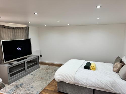 特威克纳姆Twickenham Stadium Condo的客厅配有床和平面电视