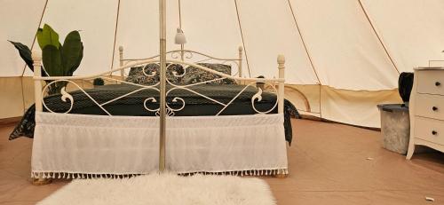 CarpinTipi Glamping Naturcamping in der Seenplatte inklusive Strom- Dixi-WC!!的带帐篷的客房内的铁床