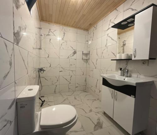 契拉勒欢乐之家宾馆的白色的浴室设有卫生间和水槽。