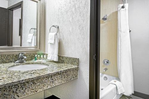 休斯顿休斯顿西南-靠近舒格兰假日酒店的浴室配有盥洗盆、镜子和浴缸