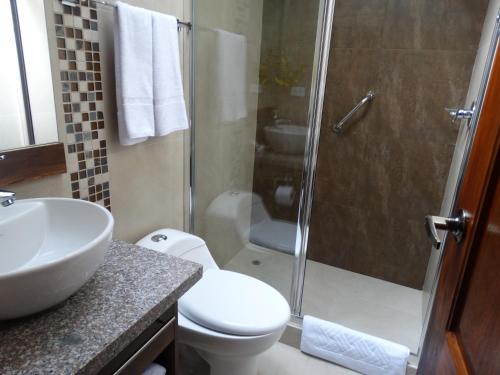 昆卡Siena Hotel的带淋浴、卫生间和盥洗盆的浴室