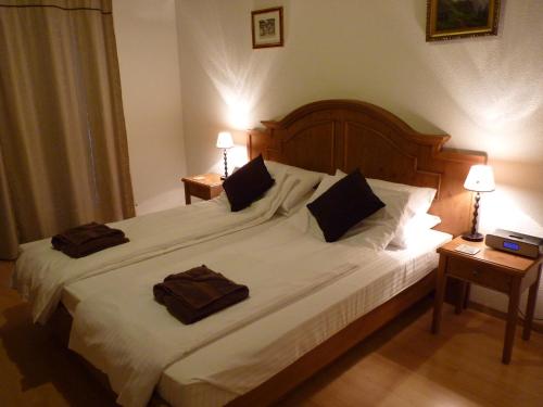 克莱恩 蒙塔纳阿尔卑斯小屋旅馆的一间卧室配有一张大床和两条毛巾