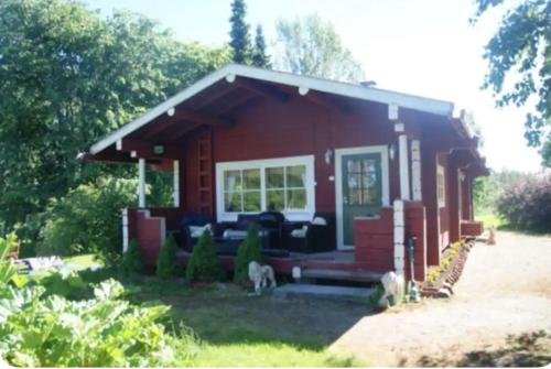 萨翁林纳Log house in Savonlinna的前面有一只狗的红色房子