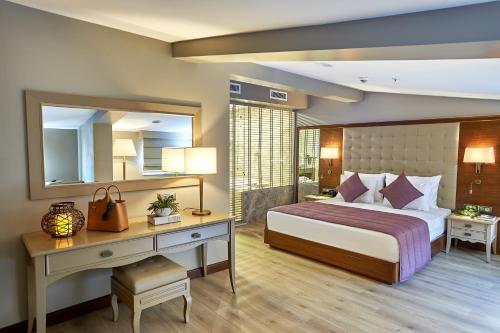 伊斯坦布尔希什利雷娜塔精品酒店的一间卧室配有一张床、一张书桌和一面镜子