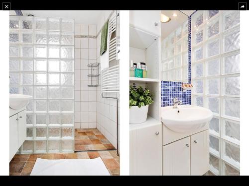Härryda兰德维特民宿的浴室的两张照片,配有水槽和镜子