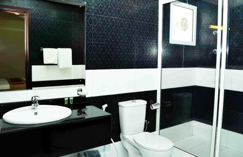 阿尔布亚米阿里亚那酒店的浴室配有卫生间、盥洗盆和淋浴。