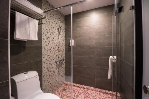 嘉义市嘉义行艺文旅的一间带卫生间和玻璃淋浴间的浴室