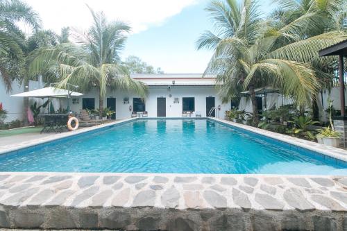 邦劳RedDoorz Plus at Palm Rise K Diving Resort Panglao Bohol的棕榈树屋前的游泳池