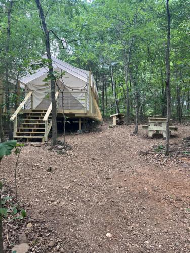 PoncaBuffalo River Glamping的树林中的小屋,配有帐篷和长凳