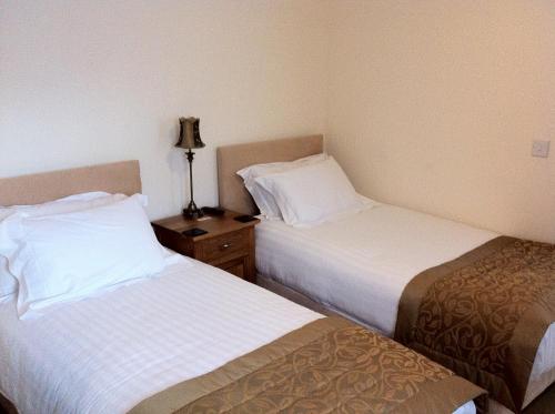 鲍内斯温德米尔Churchills Inn & Rooms的酒店客房设有两张床和床头柜。