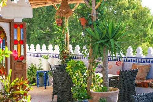 丹吉尔Riad Al-Qurtubi的庭院配有桌椅和植物