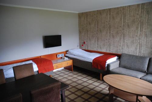 沃斯弗莱舍汽车旅馆的酒店客房配有床、沙发和电视。