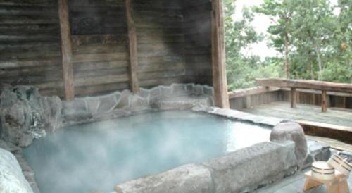 雾岛市Kirishima Onsen Ryokojin Sanso的小木屋内的大型热水浴池