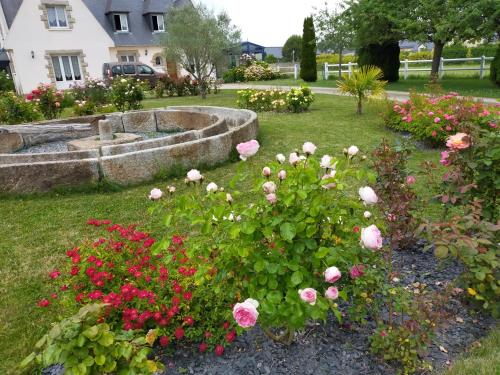 HirelPetit Châtelet bis的一座花园,花园内种植着粉红色的玫瑰,并设有一个喷泉