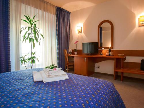 布加勒斯特艾里萨酒店的酒店客房带一张床、一张书桌和一面镜子