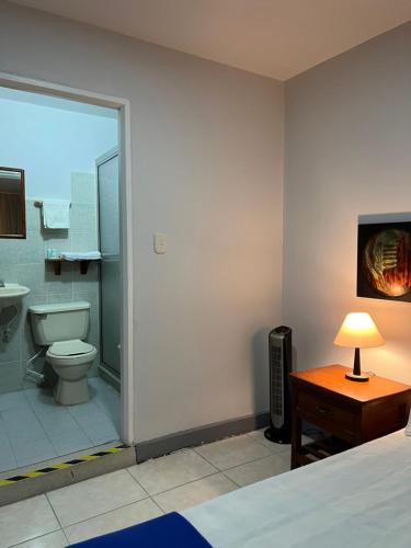 亚美尼亚Hotel Armenia Centro的一间卧室设有卫生间和一台电视。