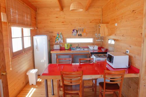 蓬塔乔罗斯Punta de Choros Lodge的厨房配有桌椅和冰箱。