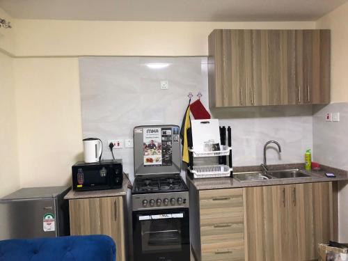 内罗毕Studio Apartment Around Nairobi West Hospital的一间带炉灶的厨房 水槽旁的顶部烤箱