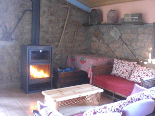 CastilsabásEl Pajar的客房设有壁炉、沙发和炉灶。