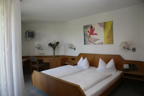 奥克森豪森莫林酒店的一间卧室配有一张床、一张书桌和一台电视。
