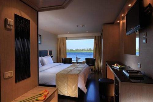 卢克索Cleopatra Nile 5 Star Trek Cruise every Friday from Aswan for 3 Nights Every Monday from Luxor 4 Nights的酒店客房设有一张床和一个大窗户