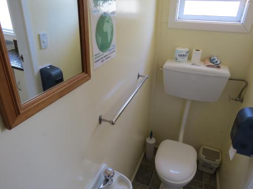 陶波山茶花苑家庭汽车旅馆的浴室设有白色的卫生间和镜子