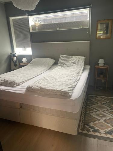 索拉Cozy apartment near Stavanger Airport的窗户客房内的一张床位