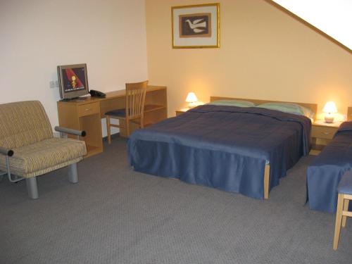 普图伊Motel Majolka的一间卧室配有一张床、一张桌子和一把椅子