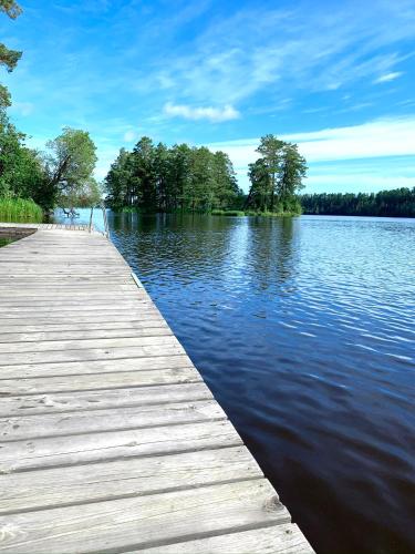 ÄlvkarlebyNYGÅRD boende的湖上树木和水的木头码头