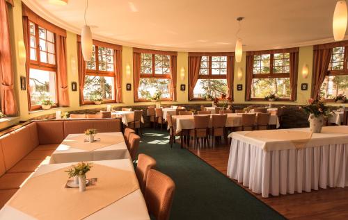 卡罗维发利Hotel Vítkova Hora - Veitsberg的餐厅设有桌椅和窗户。