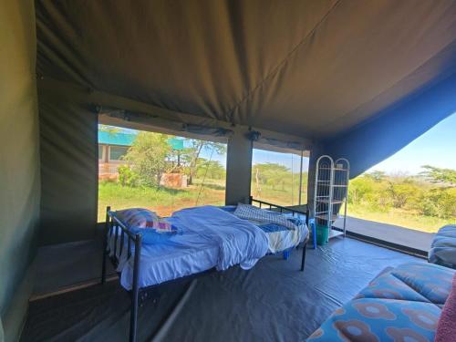 SekenaniNyangulo maasai mara safari camp的带窗户的帐篷内配有两张床