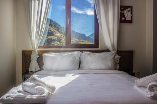 特里格拉德Trigrad Hotel的一间卧室配有一张带白色床单的床和一扇窗户。