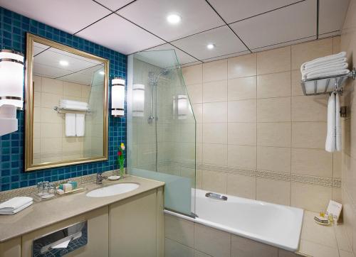 沙迦沙迦卡洛海滩度假酒店的一间带水槽、淋浴和镜子的浴室