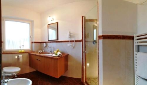 韦尔图尔诺奥贝维特酒店的带淋浴、盥洗盆和镜子的浴室