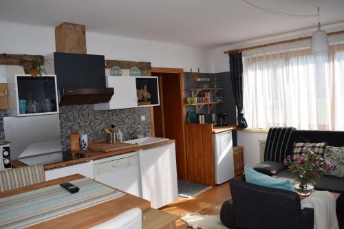 弗拉绍4 Elements Appartmenthaus Monarda的厨房以及带桌子和台面的客厅。