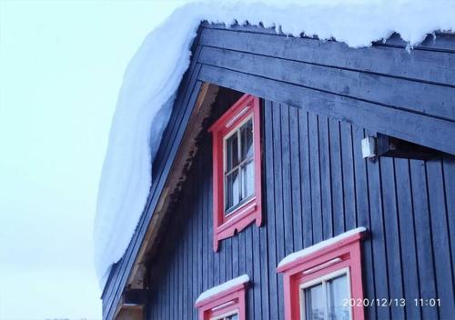 VågsliHaukeli Mountain Cabin的一座有红色窗户和屋顶雪的建筑