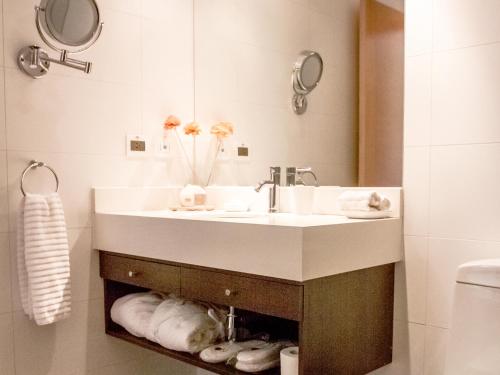 马查利诺伊彪马山林小屋的浴室配有盥洗盆、镜子和毛巾