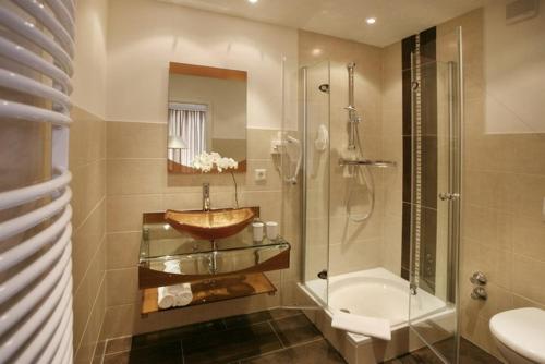 维林根Hotel Waldecker Hof的一间带水槽、淋浴和卫生间的浴室